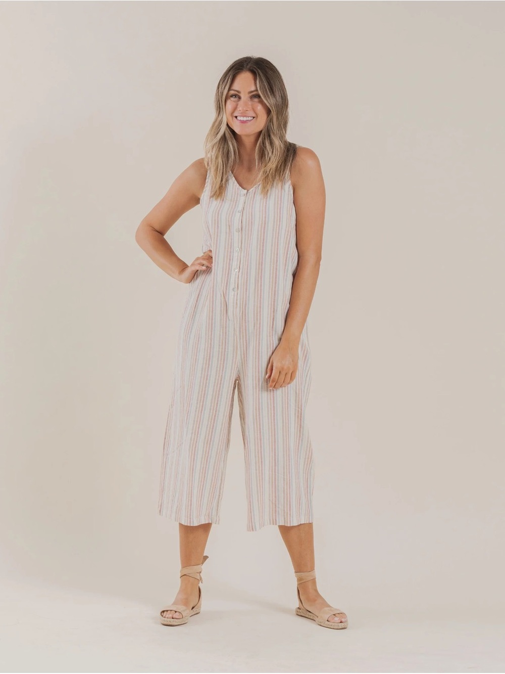 Rylee + Cru Bridgette Jumpsuit in Multi Stripe (neutrals), size XL